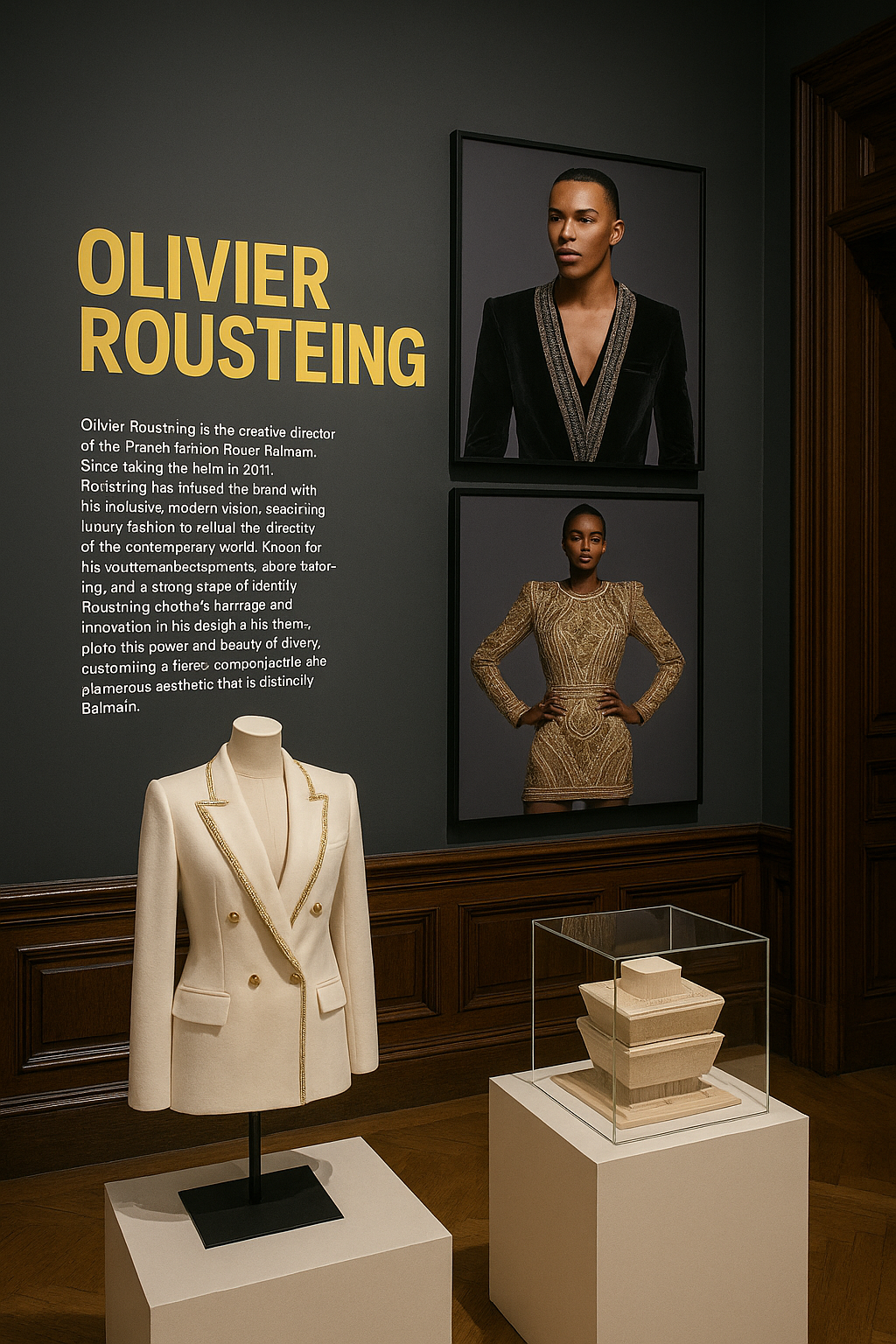 An Olivier Rousteing installation at Cooper Hewitt featuring portraits, a cream jacket on mannequin, and an object pedestal inside a dark wood room.