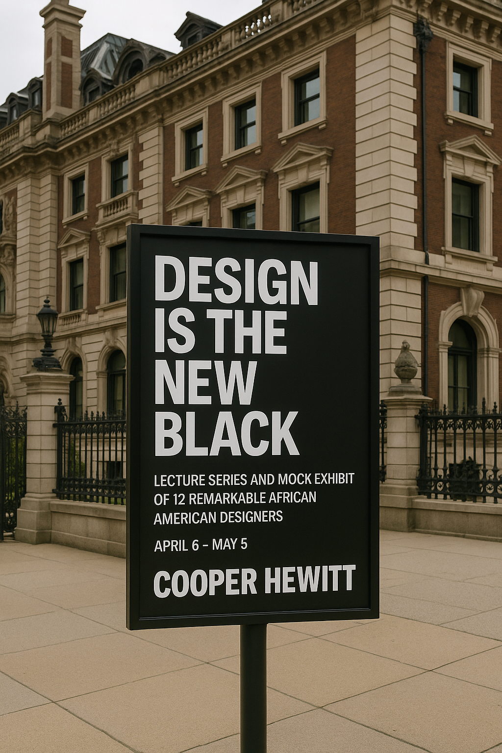 A black Cooper Hewitt sign outside the Carnegie Mansion reading Design Is the New Black, lecture series and mock exhibit of remarkable African American designers.
