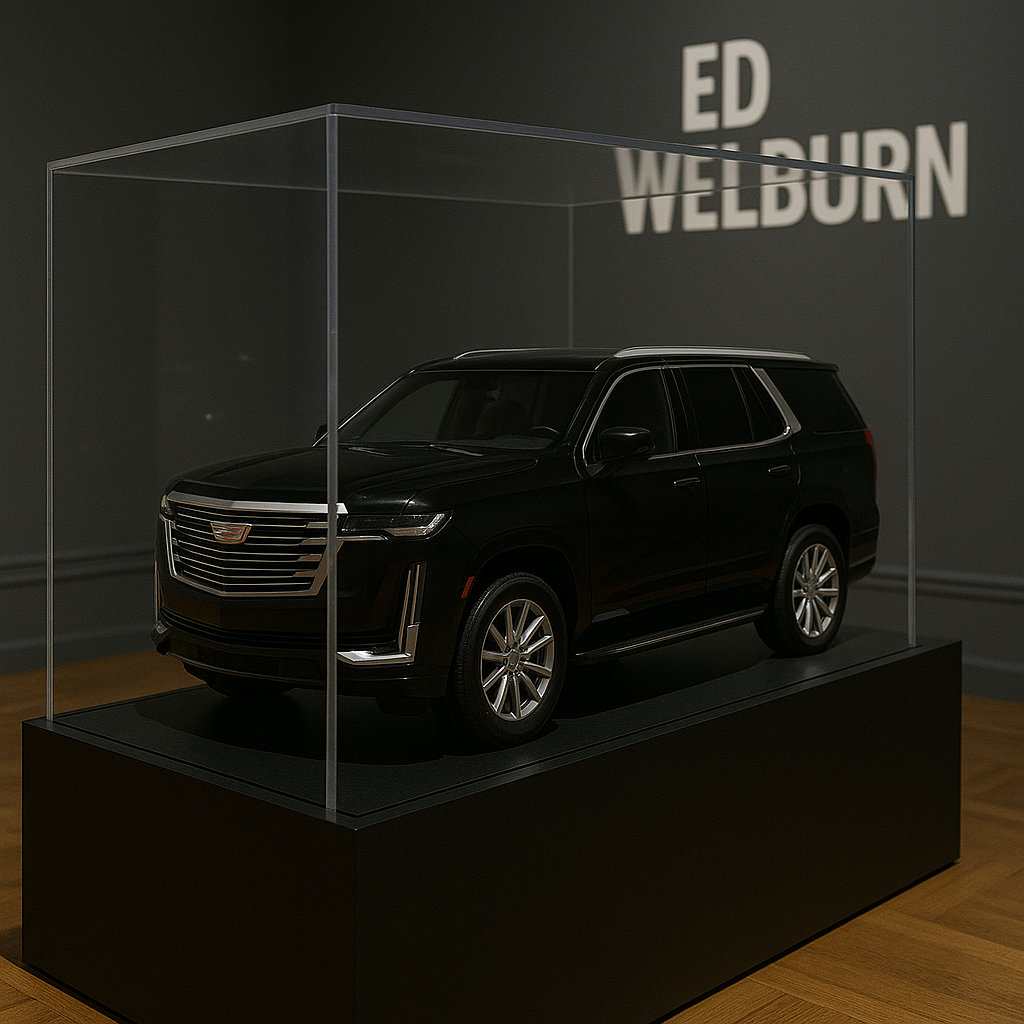 A black Cadillac SUV displayed in a clear exhibition vitrine with the name Ed Welburn on the wall behind it.
