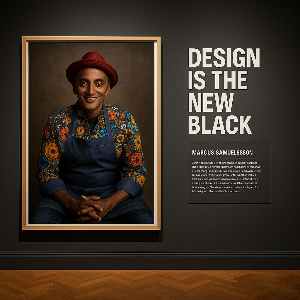 A large framed portrait of Marcus Samuelsson installed beside exhibition text in a dark gallery at Cooper Hewitt.