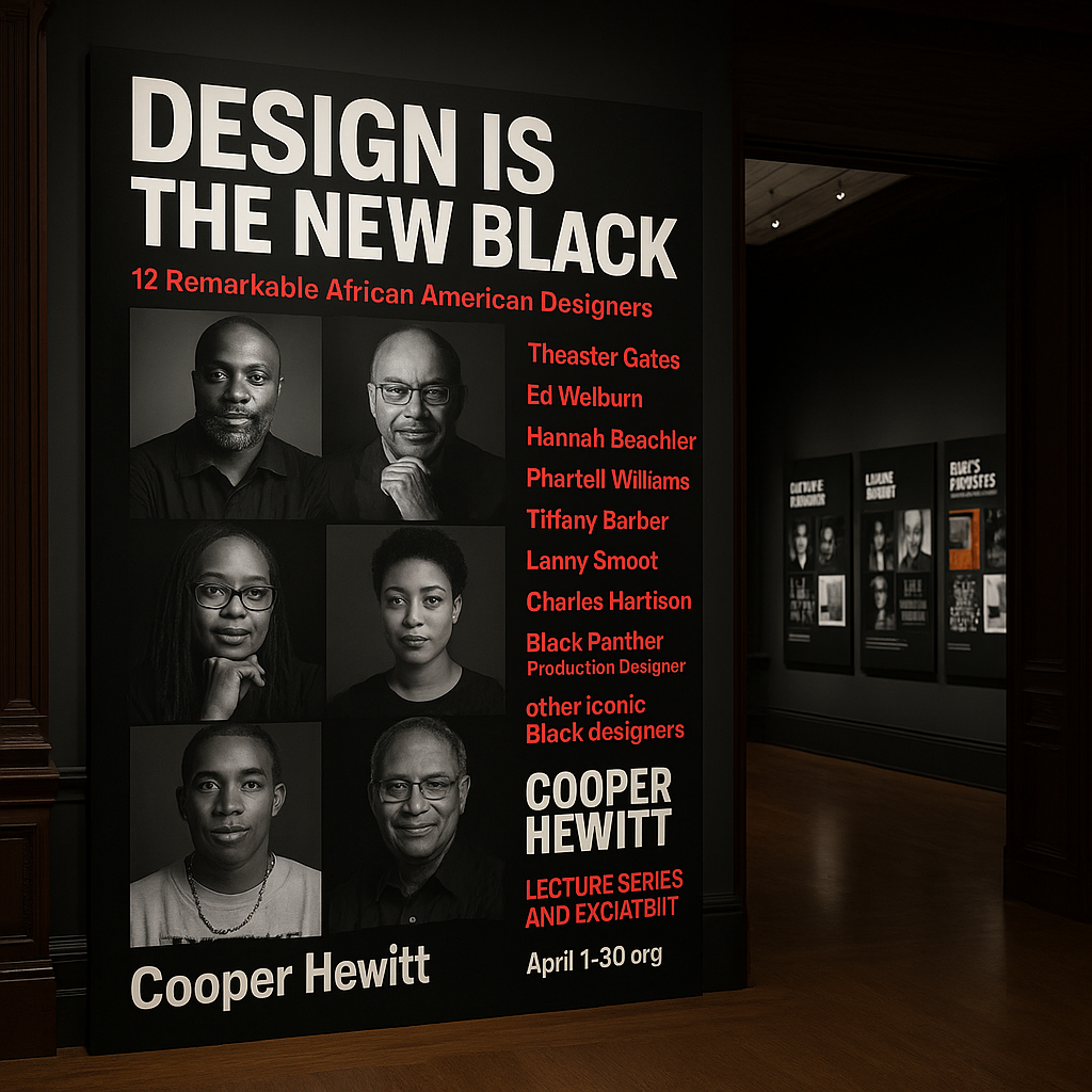 An exhibition panel inside Cooper Hewitt pairing the Design Is the New Black title with portraits of Black designers and a typographic roster of names.