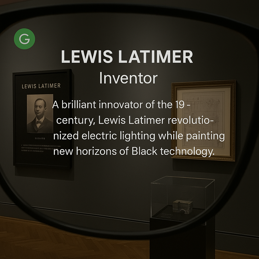 A Lewis Latimer museum display viewed through a circular frame, with portrait, artifact case, and wall text naming him as inventor.