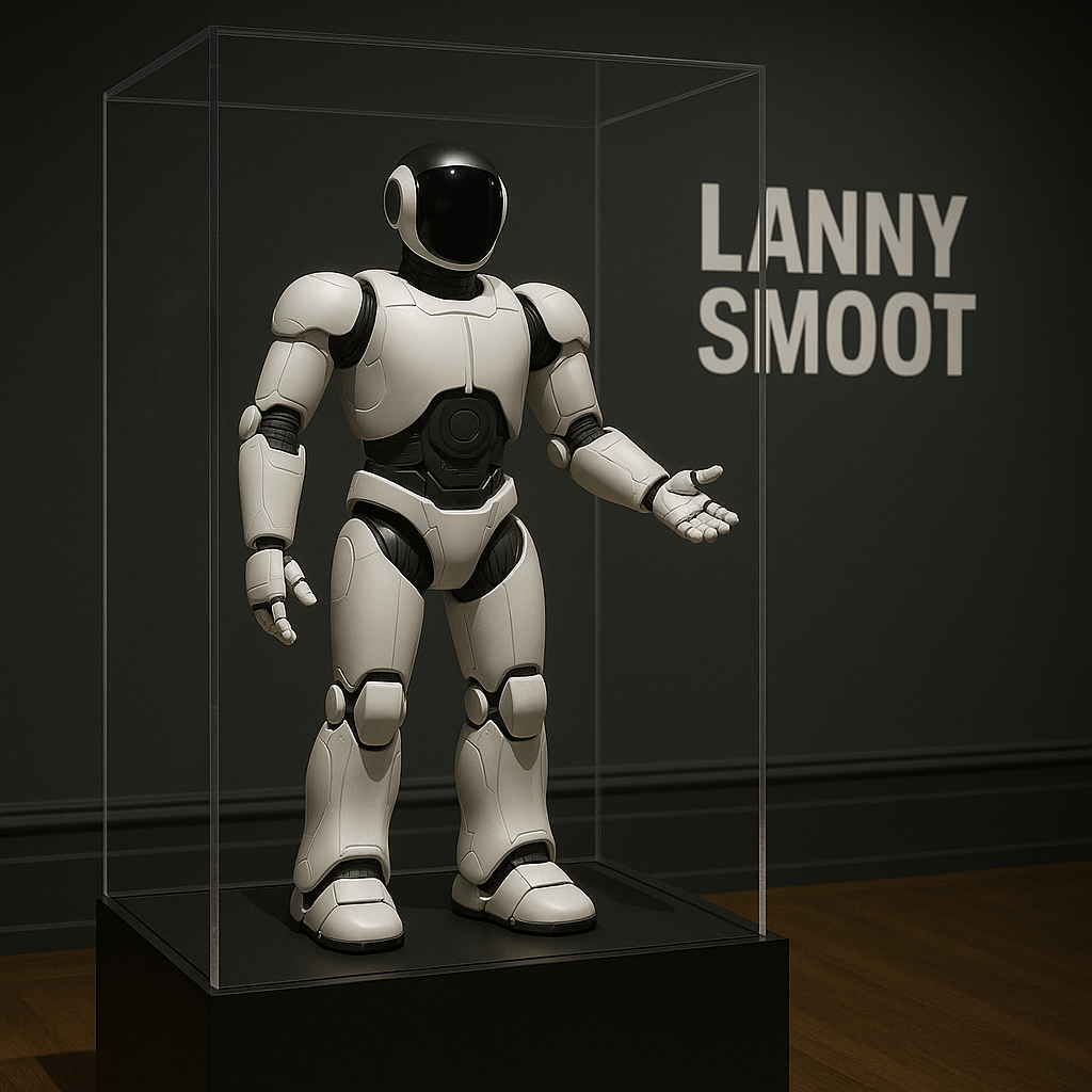 A robotic figure on display in a clear vitrine at Cooper Hewitt with the name Lanny Smoot projected on the wall behind it.