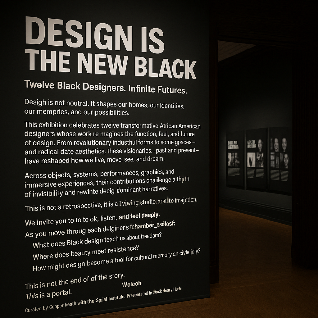 A gallery wall at Cooper Hewitt with a monumental panel reading Design Is the New Black and curatorial text introducing Black designers and future-making practice.