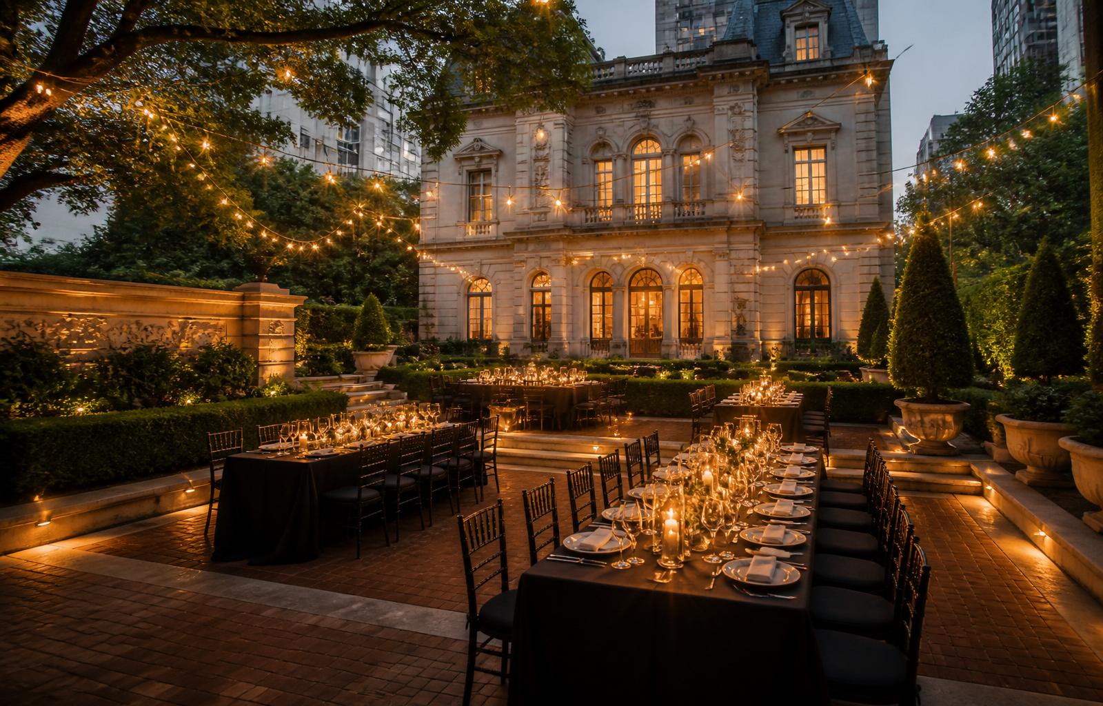 The Cooper Hewitt garden at dusk, set for the Convocation